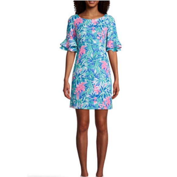 Lilly Pulitzer Fiesta Stretch Dress Coastal Blue Lion turquoise white pink - Picture 5 of 15